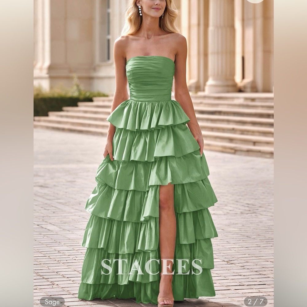 Stacees Sage Ruffled With Slit Prom Dress